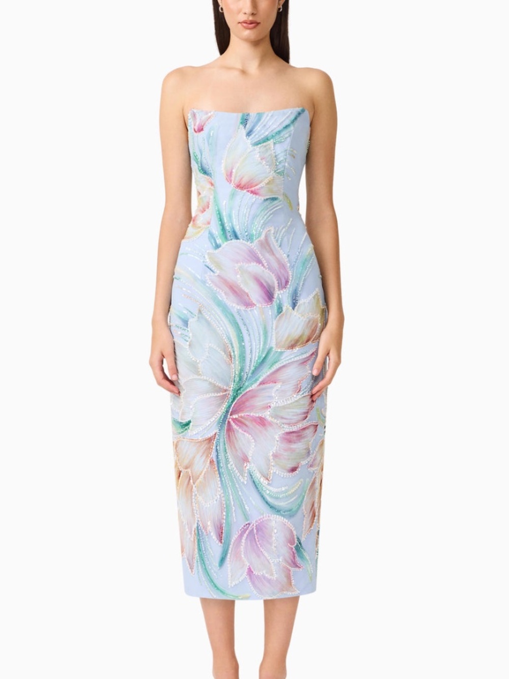 Elliatt Priselle Strapless Midi Dress Blue Floral Embellished Embroidered SMALL